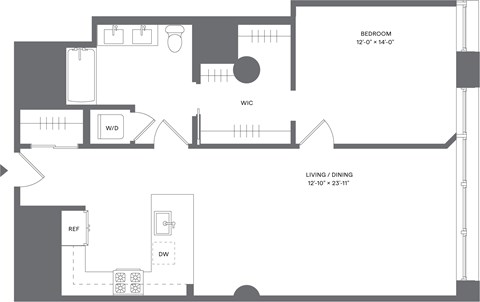 Floor plan for 1 bed, 1 bath, 954 sqft